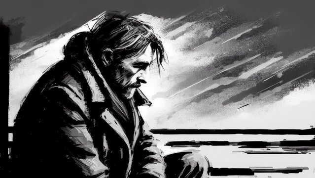 lonely man sitting and looking depressed. endless animation loop.