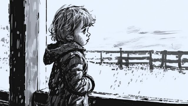 lonely child looking sad and sorrowful. endless animation loop.