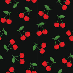 Red Cherry Seamless Pattern. Black Background. Vector