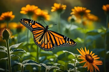 monarch butterfly on flower. Image of a butterfly Monarch on sunflower with blurry background. 