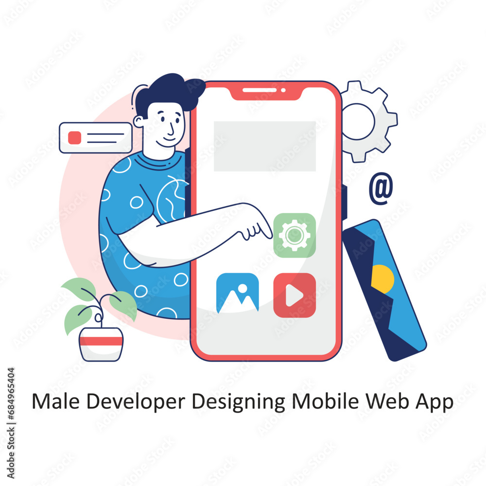 Poster male developer designing mobile web app vector filled outline design illustration. symbol on white b