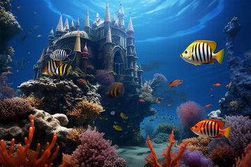 Underwater scenes feature different colorful fish