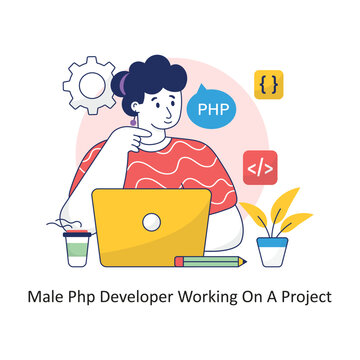 Male PHP developer working on a project  vector Filled outline Design illustration. Symbol on White background EPS 10 File