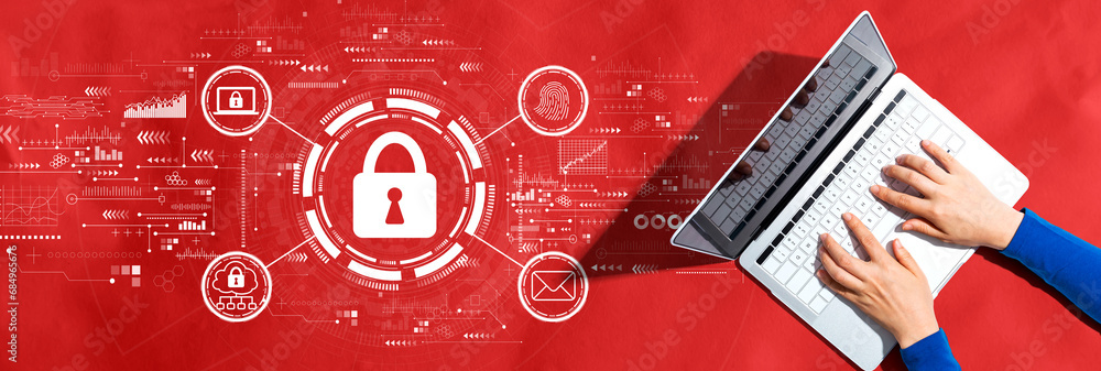 Poster internet network security concept with person using a laptop computer