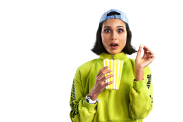 Woman, popcorn and portrait, surprise and watching tv or streaming online for entertainment. Female person, face and shock or eating snack, subscription and isolated on transparent png background