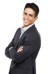 Portrait, confidence or happy business man, salesman or agent smile for sales experience, job career or corporate work. Happiness, pride or professional seller isolated on transparent, png background - obrazy, fototapety, plakaty