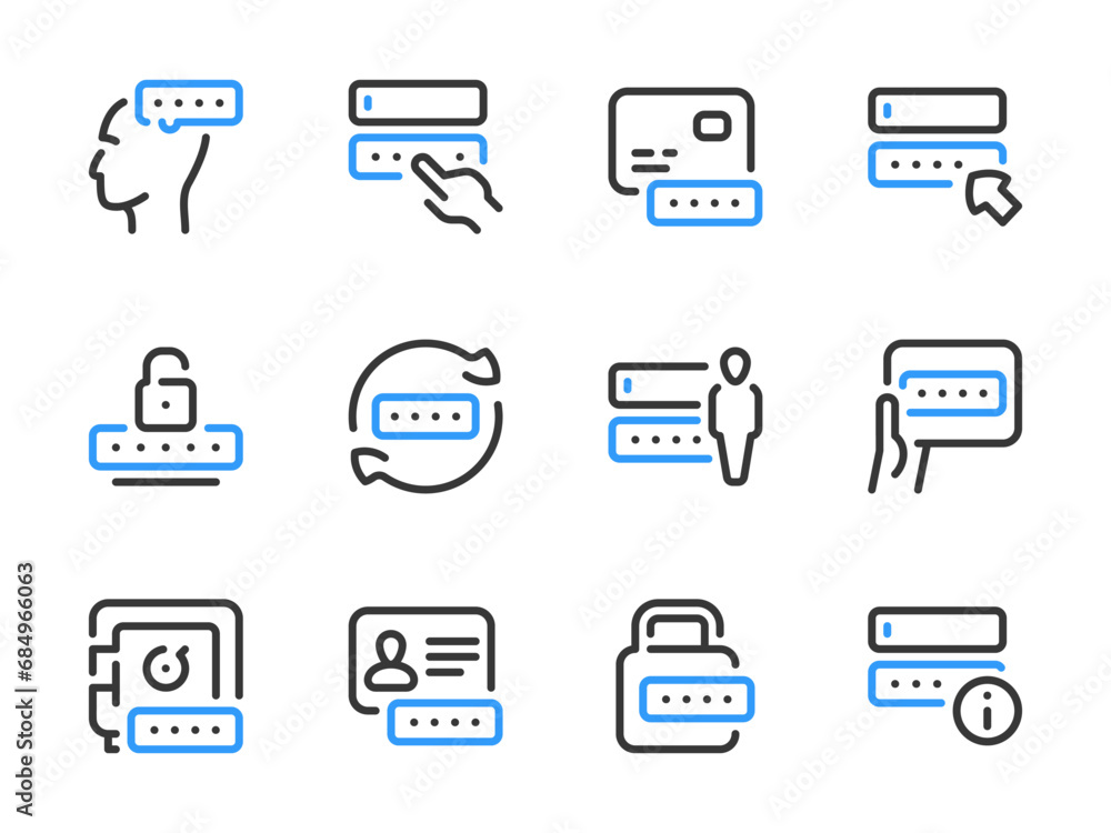Poster password and entry vector line icons. pass code and login outline icon set. change password, create 