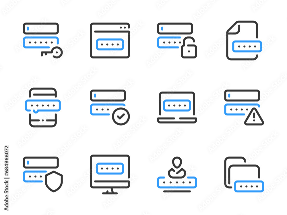 Poster password and entry vector line icons. pass code and login outline icon set. access key, login protec