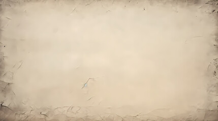 Grunge empty creased paper texture with torn edges frame and faded vignette border. Dirty distressed vintage 8k 16:9 weathered old wrinkled photo background. Retro transparent overlay