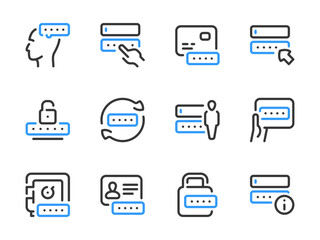 Password and Entry vector line icons. Pass code and Login outline icon set. Change password, Create a code, Account access, Profile login, Personal cipher and more.