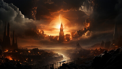 Fantasy landscape with big fire and smoke. 3D illustration,Generative AI