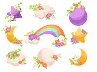 Celestial Body with Flower Adornment as Sky Object Vector Set