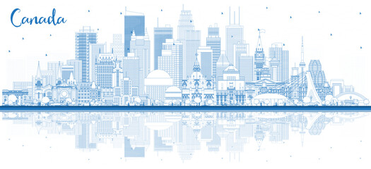 Outline Canada City Skyline with Blue Buildings and reflections. Concept with Historic Architecture. Canada Cityscape with Landmarks. Ottawa. Toronto. Montreal. Vancouver.