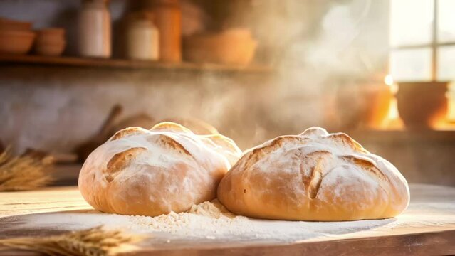 Fresh breads on table in flour placer. Fresh bread on the kitchen table in bakery shop. Healthy eating and traditional bakery concept. Rustic style