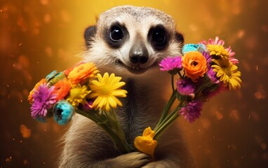 Cute Meerkat and Colorful Bouquet