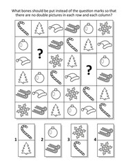 Winter holidays picture domino sudoku logic puzzle with candy cane, Santa's cap, fir tree, snowflake, bauble, skates.
