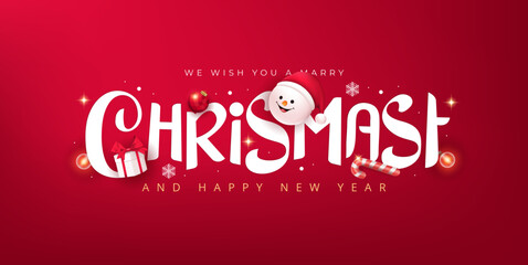 Vector merry christmas Text and happy new year banner with cute santa claus, gift box and element