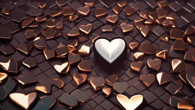 Background of golden heart-shaped figures scattered on a geometric black surface, with a central silver heart prominently displayed, invoking the theme of Valentine's Day and the celebration of love