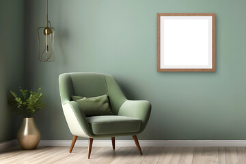 Green armchair in modern living room with empty frame mockup. 3D render illustration for  for wall art, painting, photo or poster