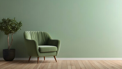 Cozy green armchair on empty soft green wall background in minimalist the living room. 3D render illustration with copy space