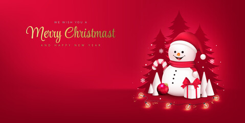 Vector merry christmas and happy new year poster or banner with cute Snow man, gift box and element