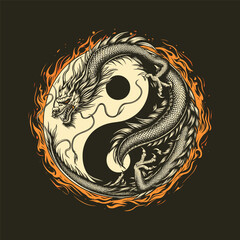 Asian Dragon with Yin Yang Symbol Illustration for t-shirt print or sweater, hoodie design
