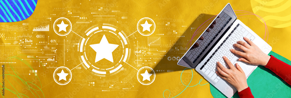 Poster rating star concept with person using a laptop computer