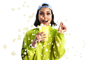 Woman, popcorn and portrait or surprise, face and watching tv or streaming online for entertainment. Female person, shock and eating snack or subscription and isolated on transparent png background