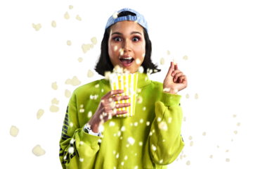 Woman, popcorn and portrait or surprise, face and watching tv or streaming online for entertainment. Female person, shock and eating snack or subscription and isolated on transparent png background