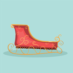 Santa's Christmas sleigh. Red empty vintage winter cart with golden runners. Vector colorful isolated illustration. Vector illustration