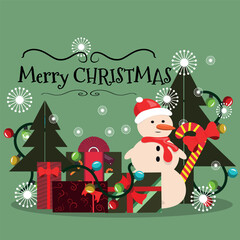Christmas greeting with gifts, snowman, Christmas trees and garlands Vector illustration