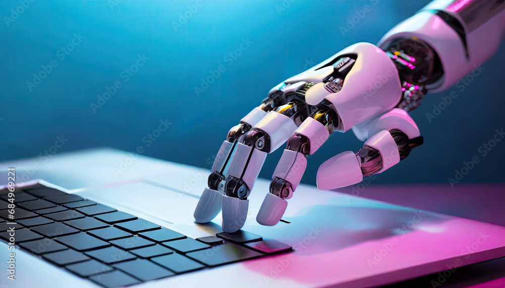 Poster close up view of a robot or cyborg hand touching a laptop keyboard..