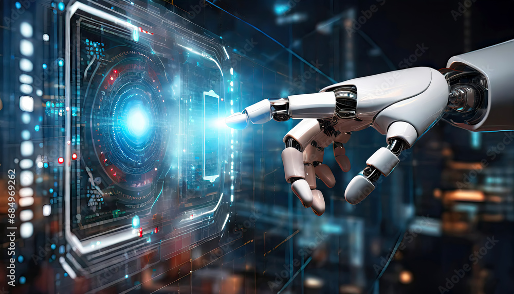 Poster close up view of a robot or cyborg hand touching a virtual screen.