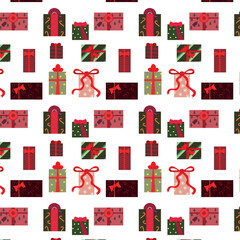 seamless pattern with boxes for gifts , presents seamless pattern, different boxes with ribbons. . Vector illustration