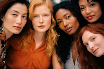 Obraz premium Inclusivity. Equality. Five women of different races. Skin color. White, Asian and black females. Friends. Fashion models. Race, phenotype, ethnicity. Interracial friendship. Together