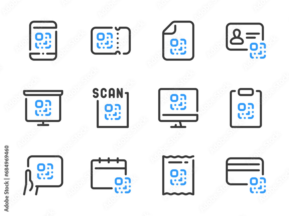 Poster qr code vector line icons. coded information outline icon set. digital tag, code scan, encrypted dat