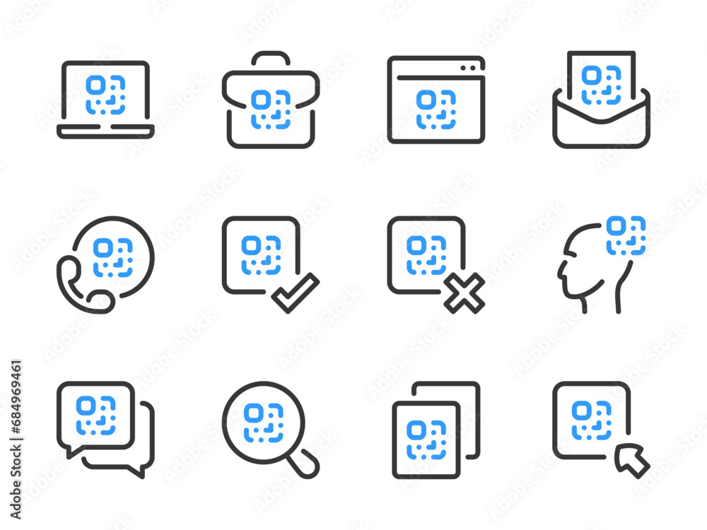 Poster qr code vector line icons. coded information outline icon set. digital tag, code scan, encrypted dat