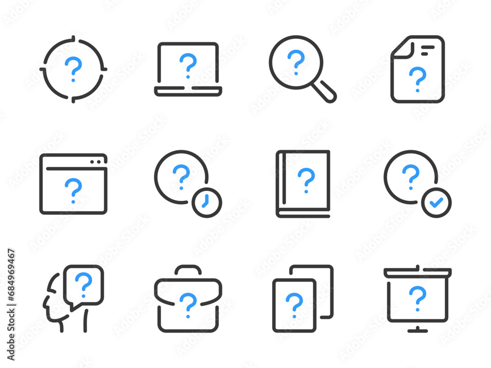 Poster question mark and problem solution vector line icons. faq, help, quiz and inquiry outline icon set.