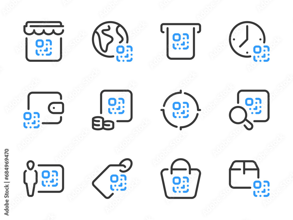 Poster qr code vector line icons. coded information outline icon set. digital tag, code scan, encrypted dat