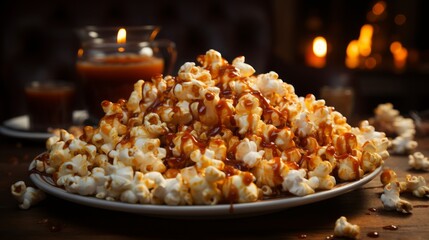 a big bowl with sweet delicious caramel popcorn steaming on a table. Cozy film night and snack time at home