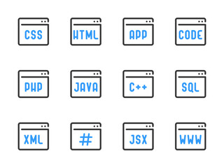 Programming Languages and Frontend Development vector line icons. Website Layout outline icon set. Php, Css, Html, Software Java, Coding, and more.