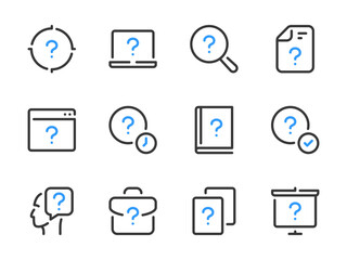 Question mark and Problem solution vector line icons. Faq, Help, Quiz and Inquiry outline icon set.