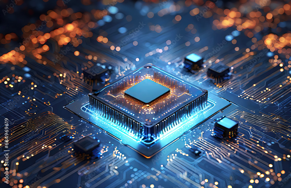 Poster a computer processor or chip on a motherboard.