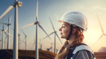 portrait of a young beautiful girl in a white helmet on the background of wind turbines
 - obrazy, fototapety, plakaty
