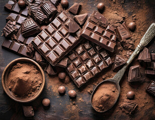 Chocolate background with dark chocolate bars and cocoa powder.