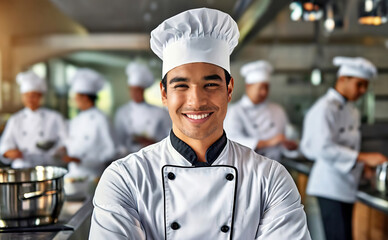 Portrait of a professional Caucasian male young cook chef smiling in the restaurant kitchen.