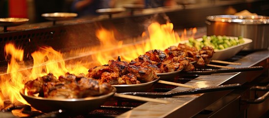In a bustling street of City, a Chinese restaurant stood out with its sizzling fire grill, captivating the passersby with the aroma of Asian cuisine. The chef expertly cooked succulent meat on the