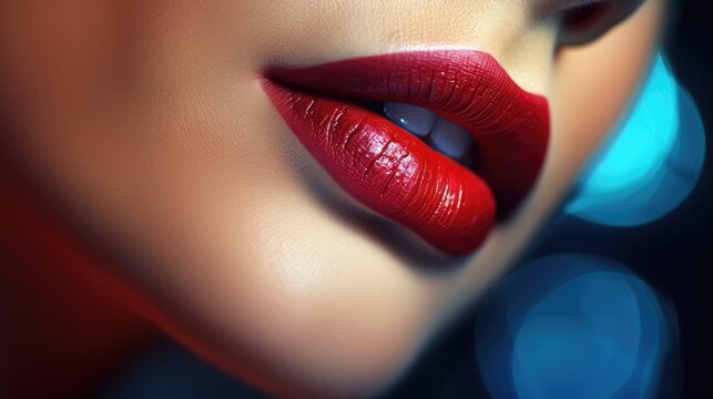 Close-up of lips of beautiful woman with red glossy lipstick. Concept of fashion bright makeup and natural beauty. Illustration for cover, interior design, advertising, marketing or presentation.