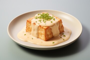 A piece of cooked vegan or vegetarian soybean cheese tofu with white dressing or sour cream bechamel sauce and fresh green dill, close-up.