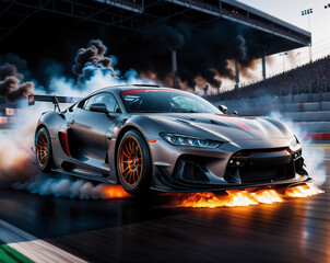 Fototapeta na wymiar a powerful sports car burns rubber while driving along the highway, clouds of smoke and fire coming from under the wheels. Generated AI